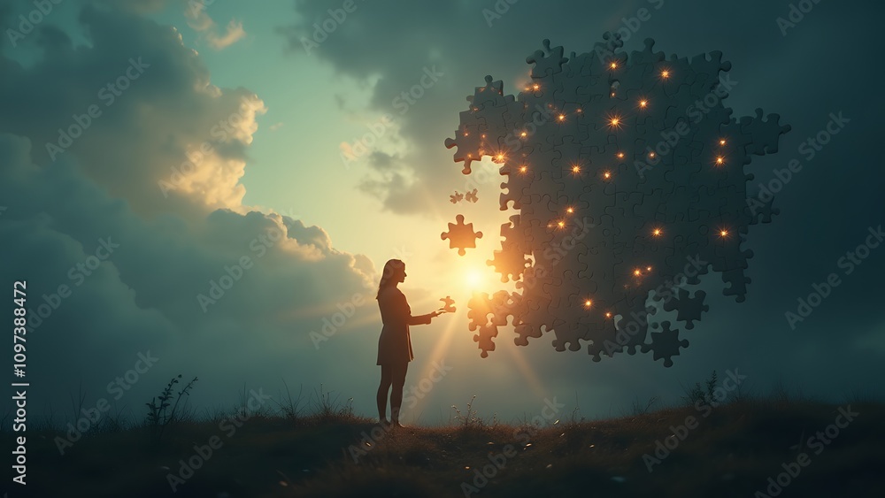 A silhouette places a glowing puzzle piece into a larger incomplete jigsaw. Floating pieces assemble in soft light rays, representing clarity and problem-solving. A silhouette places a glowing puzzle piece into a larger incomplete jigsaw. Floating pieces assemble in soft light rays, representing clarity and problem-solving.