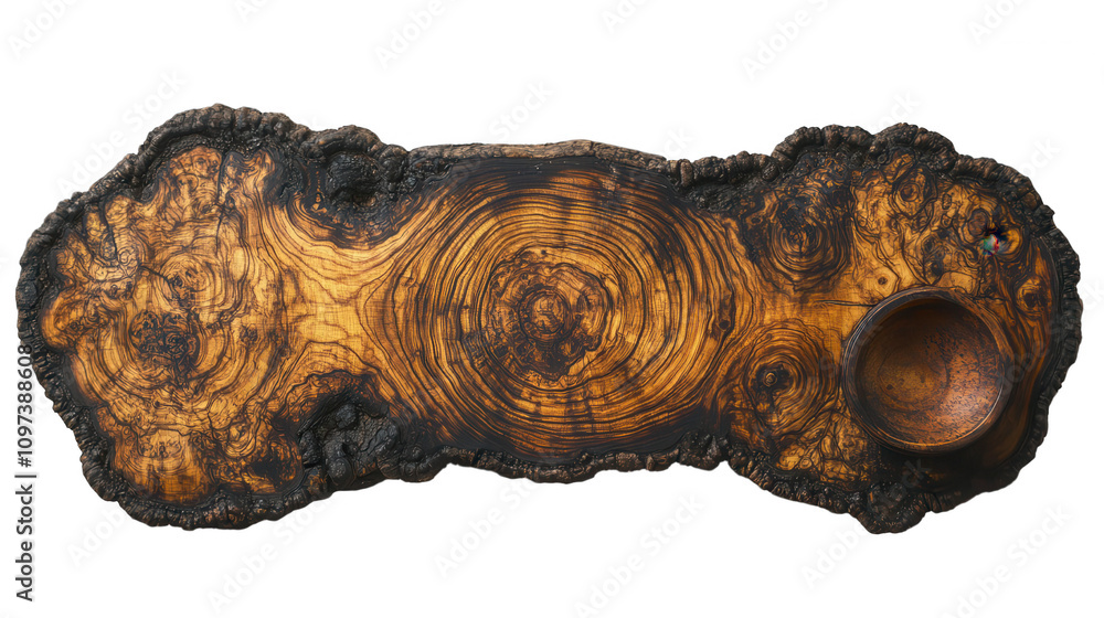 Rustic wooden platter, rich grain patterns, knot details, small round indentation, earthy natural texture Isolated on white background or PNG Rustic wooden platter, rich grain patterns, knot details, small round indentation, earthy natural texture Isolated on white background or PNG