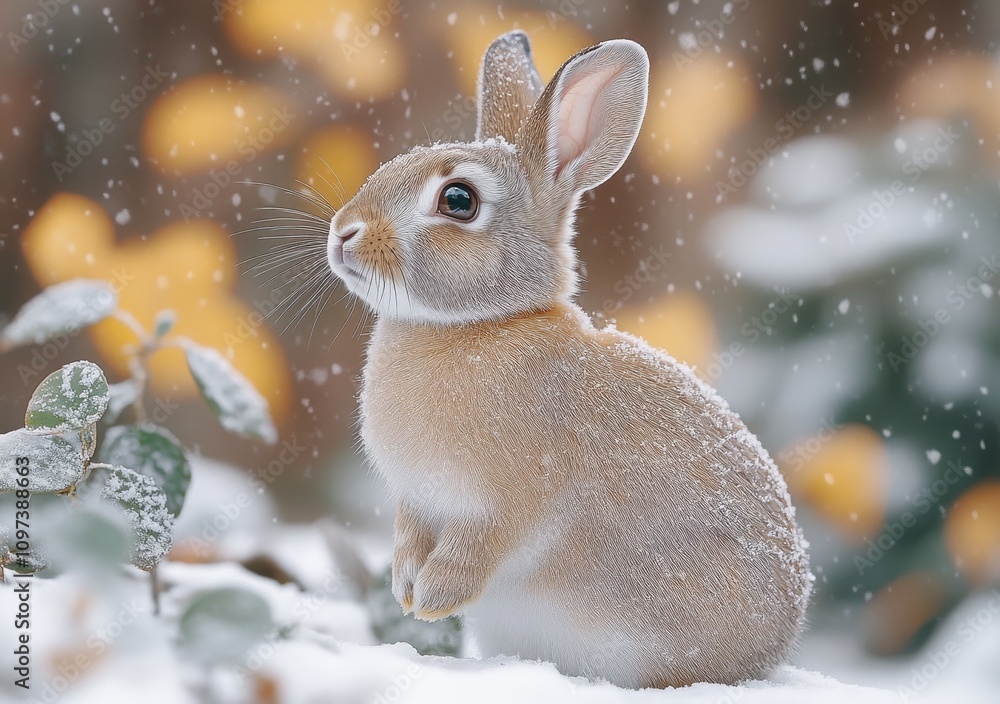 Gray rabbit sitting on its hind legs in the snow, a charming winter portrait.