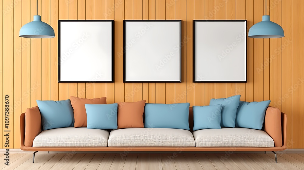 Fototapeta premium Stylish frame mockup in living room modern decor contemporary design cozy environment inside view