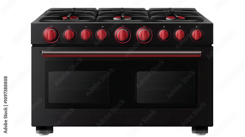 Sleek modern black stove bold red knobs double oven design kitchen centerpiece appliance Isolated on white background or PNG Sleek modern black stove bold red knobs double oven design kitchen centerpiece appliance Isolated on white background or PNG