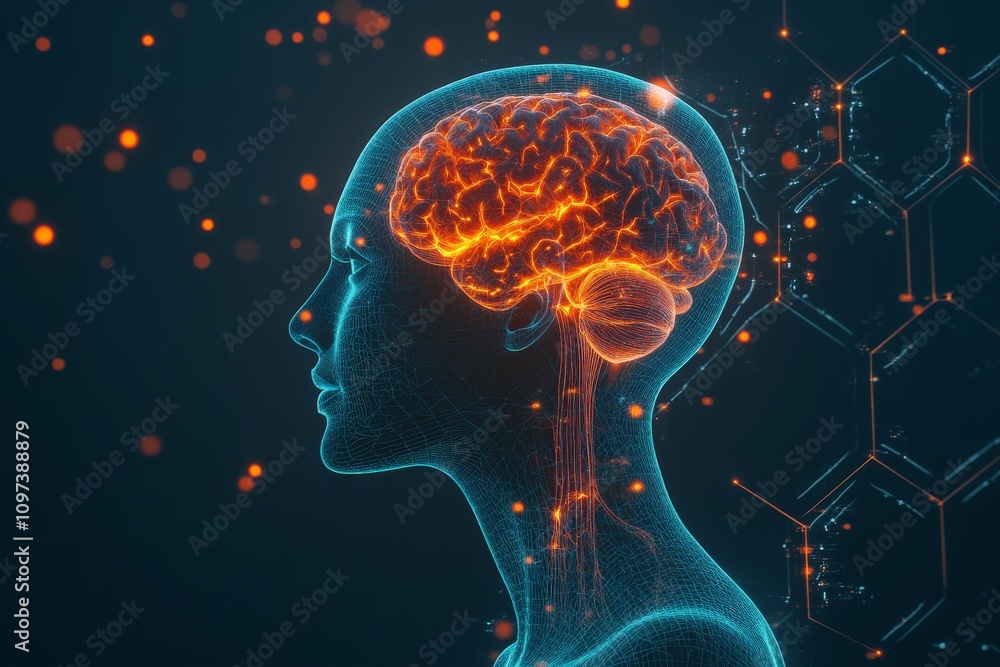 Conceptual profile of a human head with a glowing orange brain layered over a hexagonal grid symbolizing neuroscience brain activity and technological innovation Conceptual profile of a human head with a glowing orange brain layered over a hexagonal grid symbolizing neuroscience brain activity and technological innovation