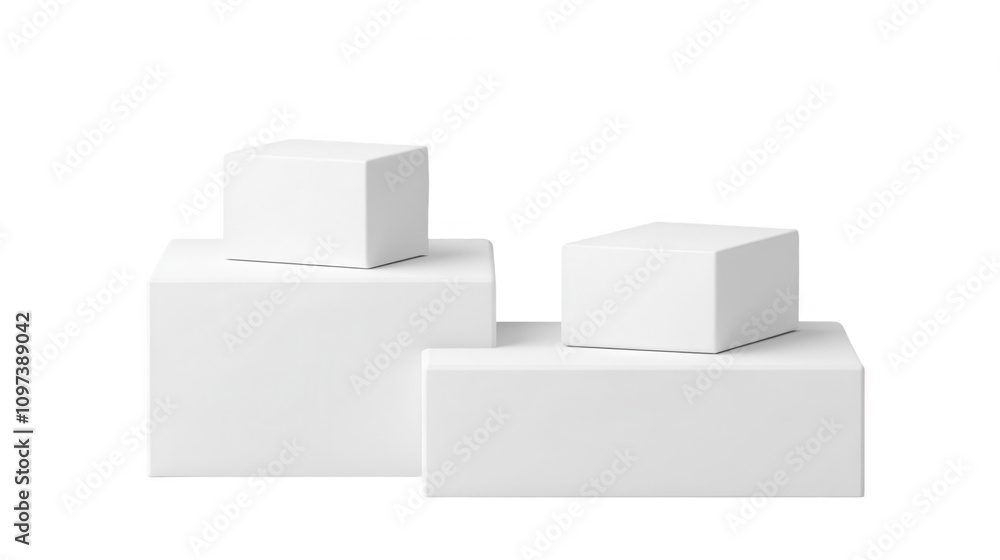 White geometric blocks arrangement, minimalistic, clean, three different sizes, stark white background, modern aesthetic Isolated on white background or PNG White geometric blocks arrangement, minimalistic, clean, three different sizes, stark white background, modern aesthetic Isolated on white background or PNG