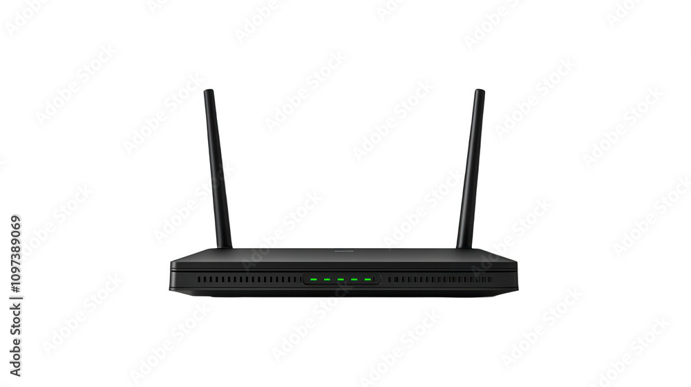 Black wireless router, two antennas, LED lights, front view, minimalist white background, compact design, connectivity. Isolated on white background or PNG Black wireless router, two antennas, LED lights, front view, minimalist white background, compact design, connectivity. Isolated on white background or PNG