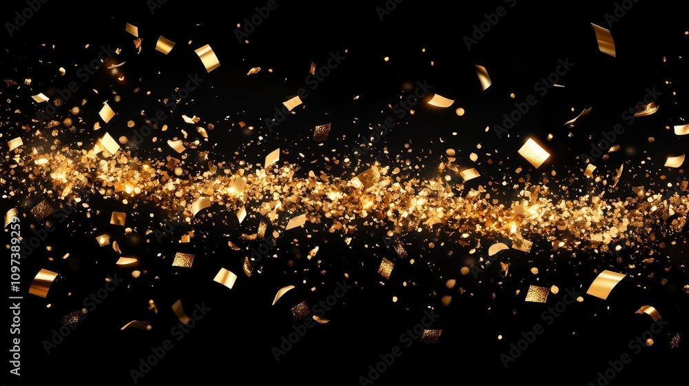 Golden paper scraps fall on a black background, creating a festive atmosphere for celebrations or award ceremonies, suitable for New Year's parties and parties, with dramatic movie lighting effects. Golden paper scraps fall on a black background, creating a festive atmosphere for celebrations or award ceremonies, suitable for New Year's parties and parties, with dramatic movie lighting effects.