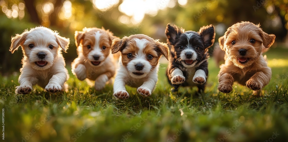Five Adorable Puppies Running Joyfully Through Grass Five Adorable Puppies Running Joyfully Through Grass