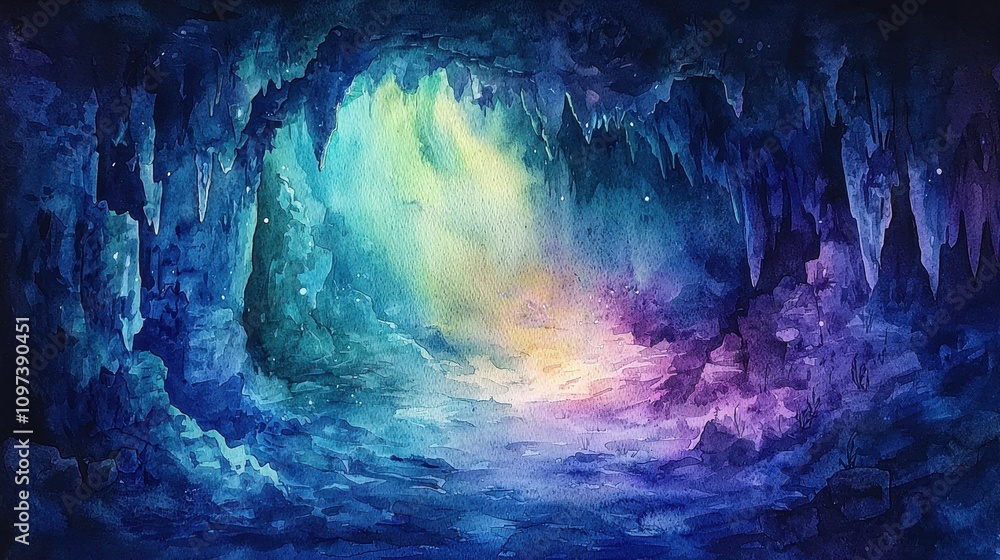 A mystical watercolor landscape of a glowing cave illuminated by bioluminescent fungi and crystals. Shades of deep blue, green, and purple blend together to create an otherworldly scene. The A mystical watercolor landscape of a glowing cave illuminated by bioluminescent fungi and crystals. Shades of deep blue, green, and purple blend together to create an otherworldly scene. The