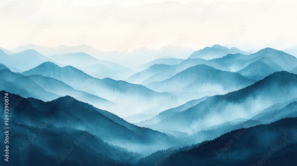 A serene watercolor mountain range bathed in the soft glow of twilight, with mist rolling through the valleys. The gentle textures and muted tones create a peaceful and majestic atmosphere A serene watercolor mountain range bathed in the soft glow of twilight, with mist rolling through the valleys. The gentle textures and muted tones create a peaceful and majestic atmosphere