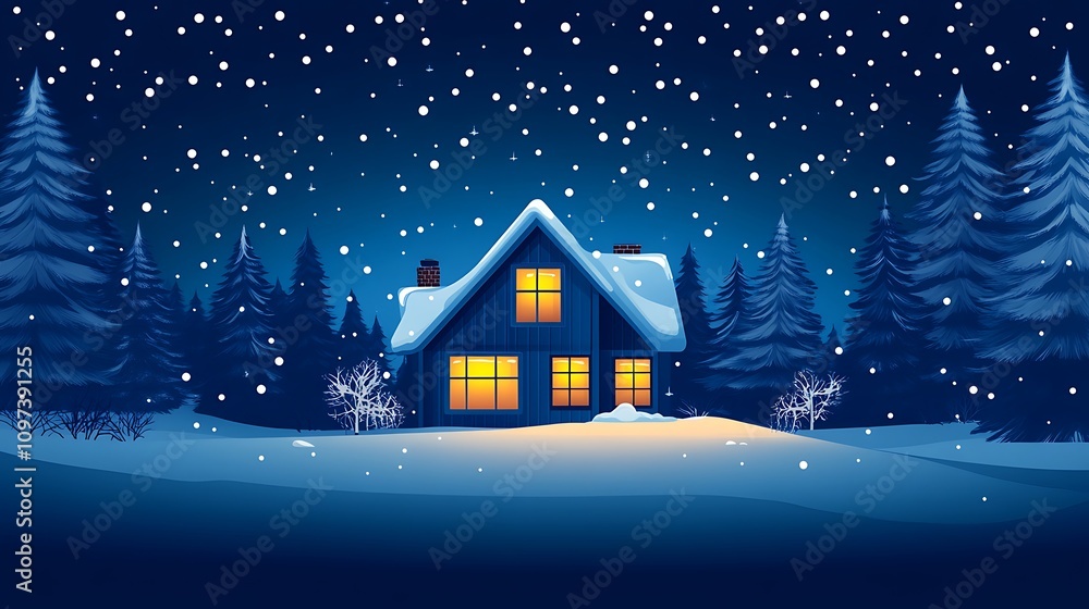 Fototapeta premium A warm and inviting dark-blue house glowing brightly in the night, surrounded by snow-covered trees, offering a sense of comfort and calm