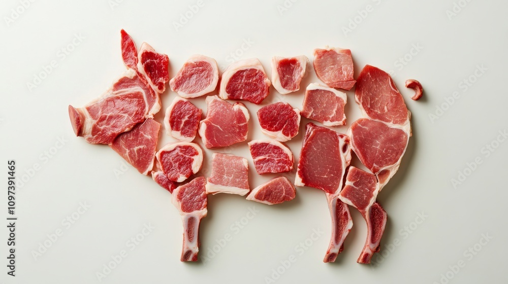 Creative arrangement of pork cuts in pig Creative arrangement of pork cuts in pig