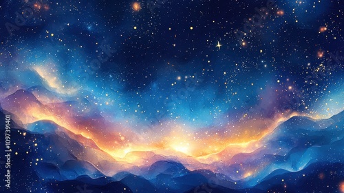 A stunning watercolor night sky filled with swirling stars and glowing constellations in shades of blue, purple, and gold. The abstract composition feels expansive and awe-inspiring 