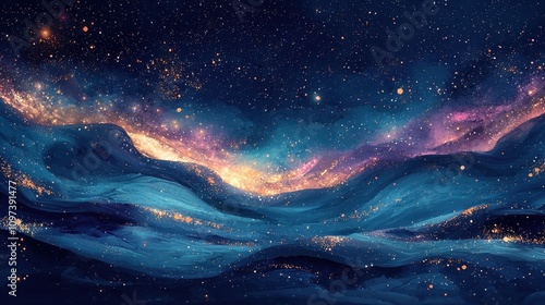 A stunning watercolor night sky filled with swirling stars and glowing constellations in shades of blue, purple, and gold. The abstract composition feels expansive and awe-inspiring 