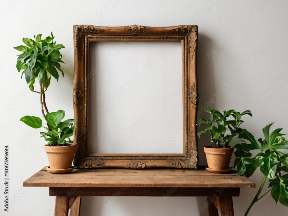 The blank wooden frame features flowers and green plants for decoration. The blank wooden frame features flowers and green plants for decoration.