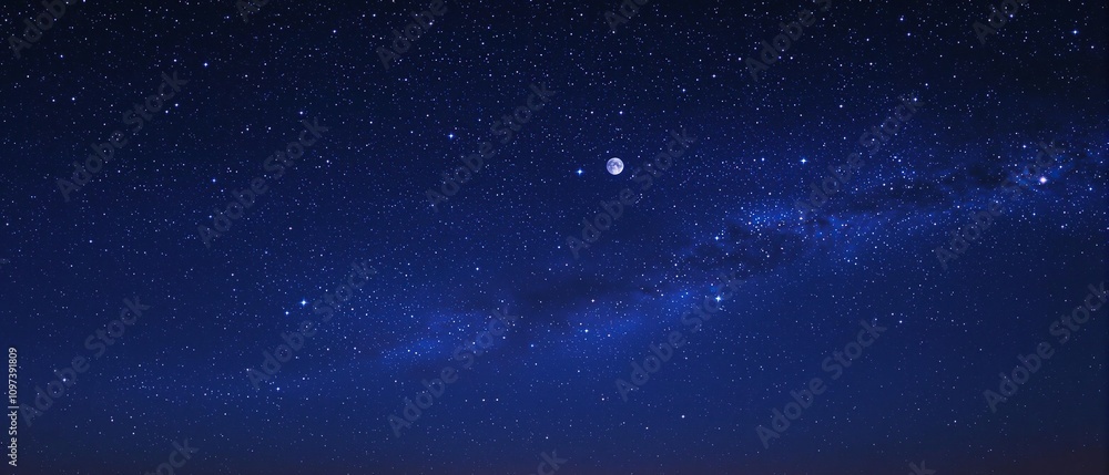 Fototapeta premium A close-up of a starry night sky with a full moon hanging low in the horizon, stars, galaxy