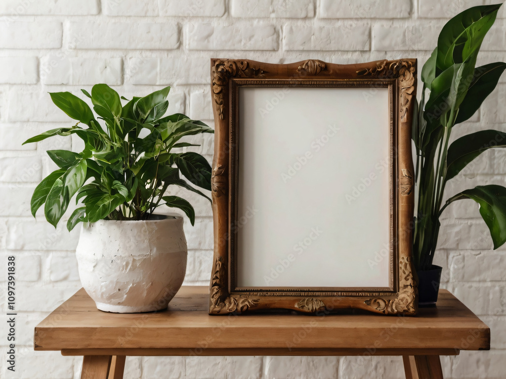 Flowers and green plants enhance the blank wooden frame's elegance. Flowers and green plants enhance the blank wooden frame's elegance.