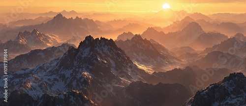 A close-up of a solarized photo effect on a mountain range at sunrise, morning light, highlands, photography technique photo