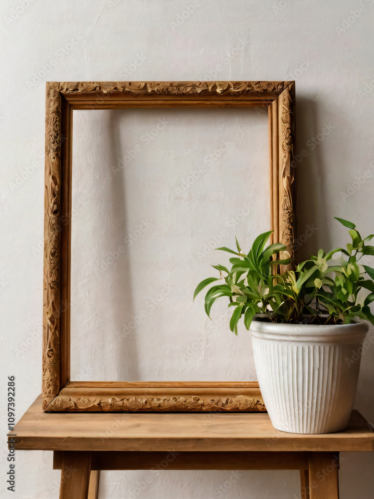 The blank wooden frame is complemented by flowers and green plants. The blank wooden frame is complemented by flowers and green plants.