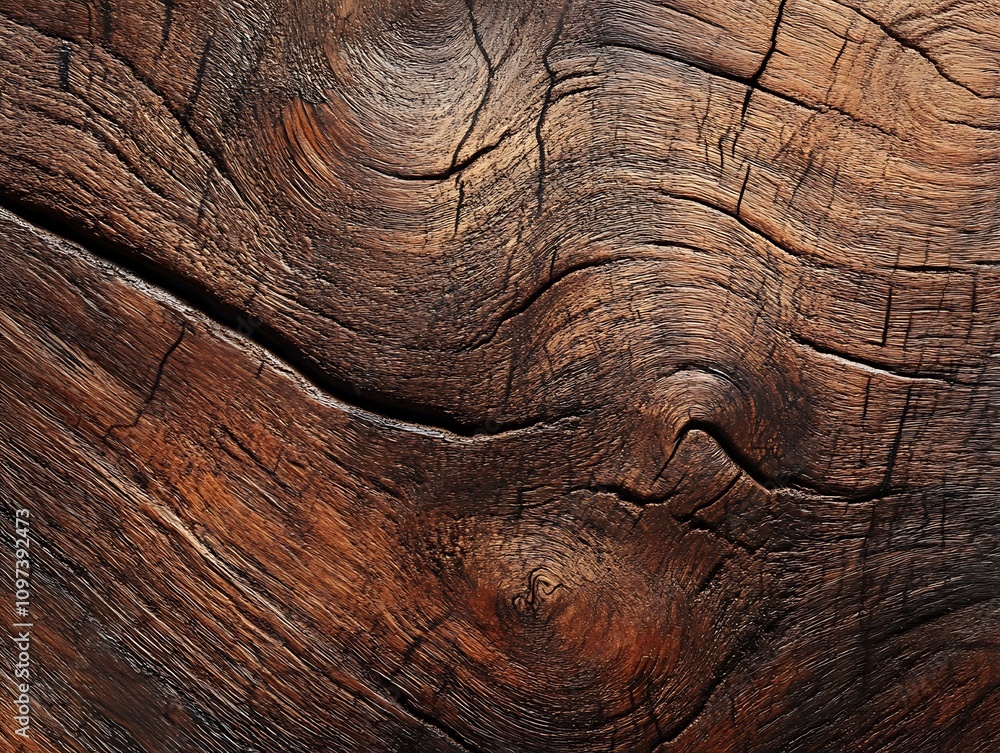 Obraz premium Aged wood texture with a rough surface and deep grain lines in various shades of brown and black, showcasing natural imperfections and rustic characteristics.