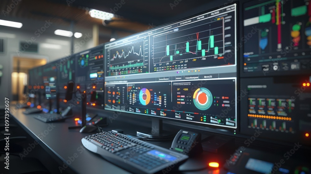 A high-tech control room with multiple screens displaying data analytics and graphs. A high-tech control room with multiple screens displaying data analytics and graphs.