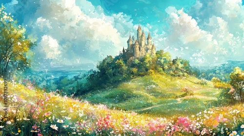 A whimsical watercolor castle on a hill surrounded by blooming meadows and soft, fluffy clouds. The pastel colors and playful details evoke a fairy-tale charm. The scene feels enchanting and 