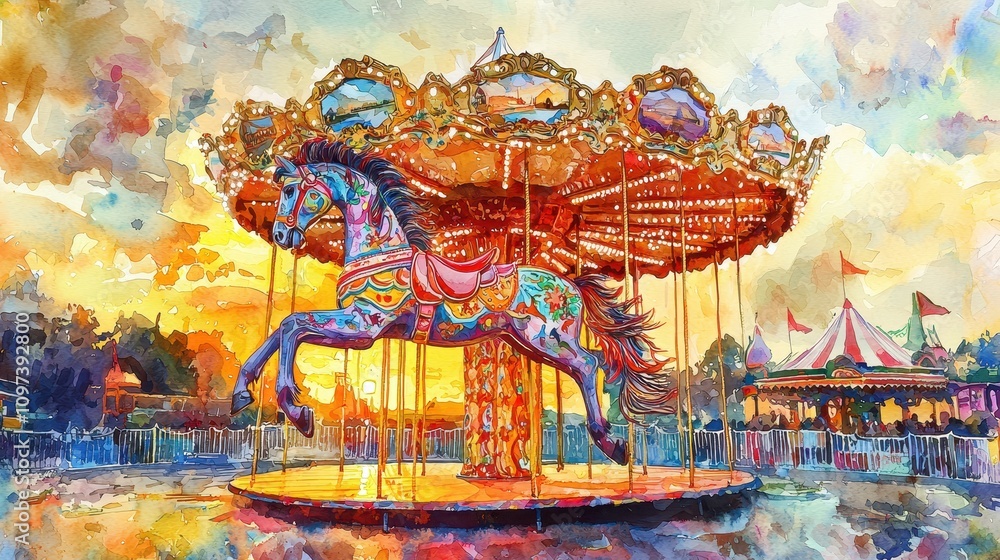 A whimsical watercolor depiction of a carousel at sunset, with vibrant horses painted in bold patterns. The festive colors blend harmoniously with the warm tones of the sky. The composition A whimsical watercolor depiction of a carousel at sunset, with vibrant horses painted in bold patterns. The festive colors blend harmoniously with the warm tones of the sky. The composition