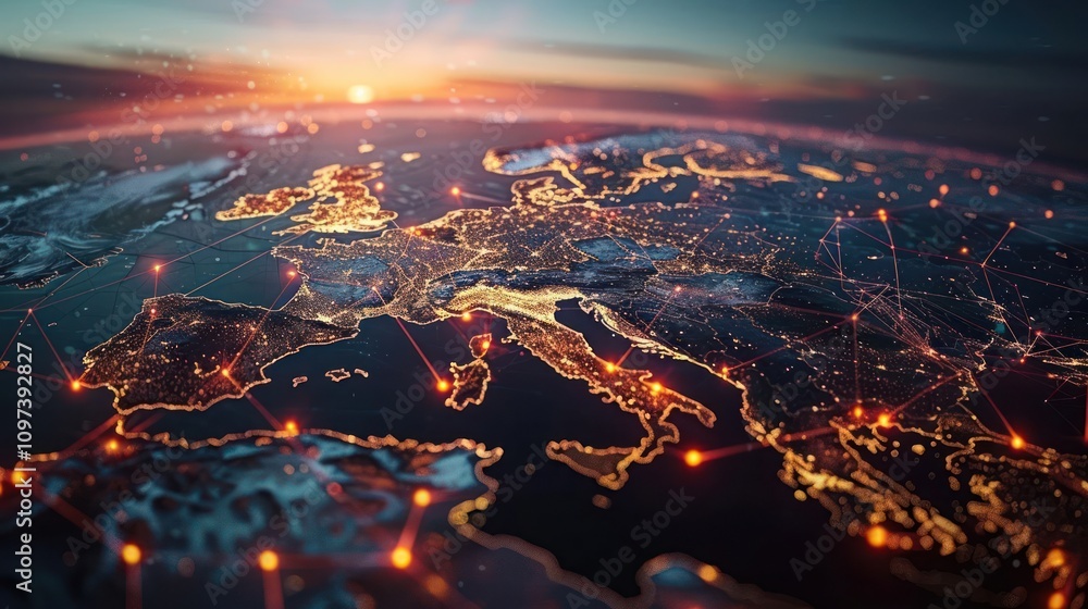 A digital view of Europe at night, showcasing illuminated cities and network connections. A digital view of Europe at night, showcasing illuminated cities and network connections.