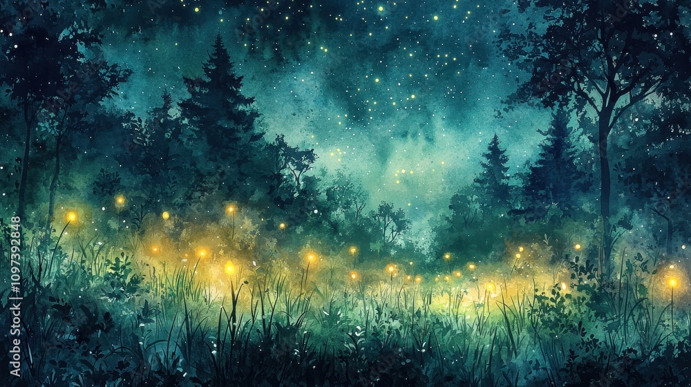Naklejka premium A whimsical watercolor forest clearing under a starlit sky, with glowing fireflies scattered among the tall grass. The soft greens and blues create a serene and magical ambiance. The composition