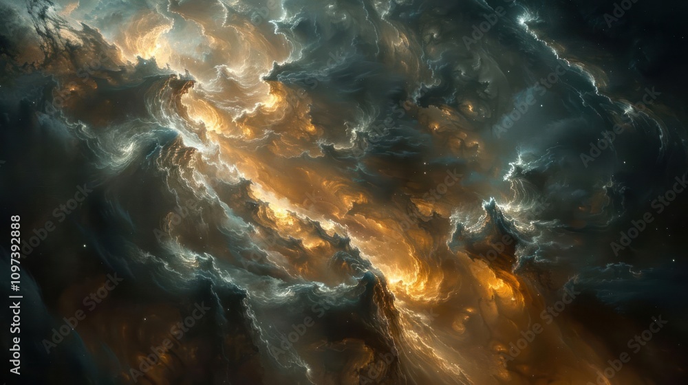 Fototapeta premium A dramatic cosmic scene featuring swirling clouds and luminous colors, evoking a sense of wonder.