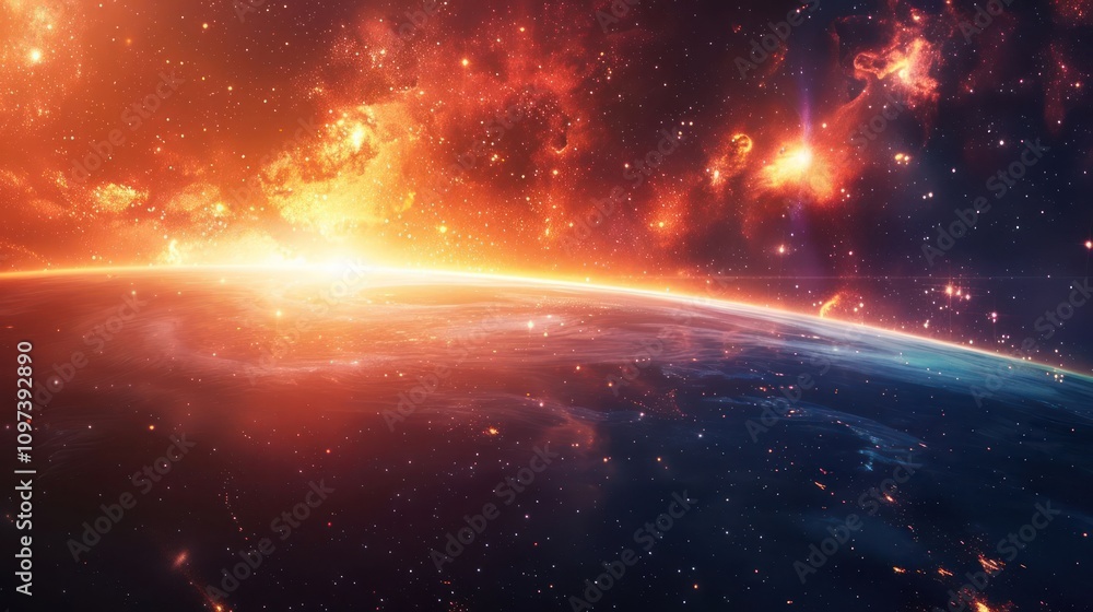 A stunning cosmic view of a planet illuminated by a distant star amidst a vibrant nebula. A stunning cosmic view of a planet illuminated by a distant star amidst a vibrant nebula.