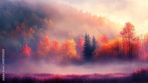 Autumn foliage illuminates misty landscape at sunrise near peaceful forest