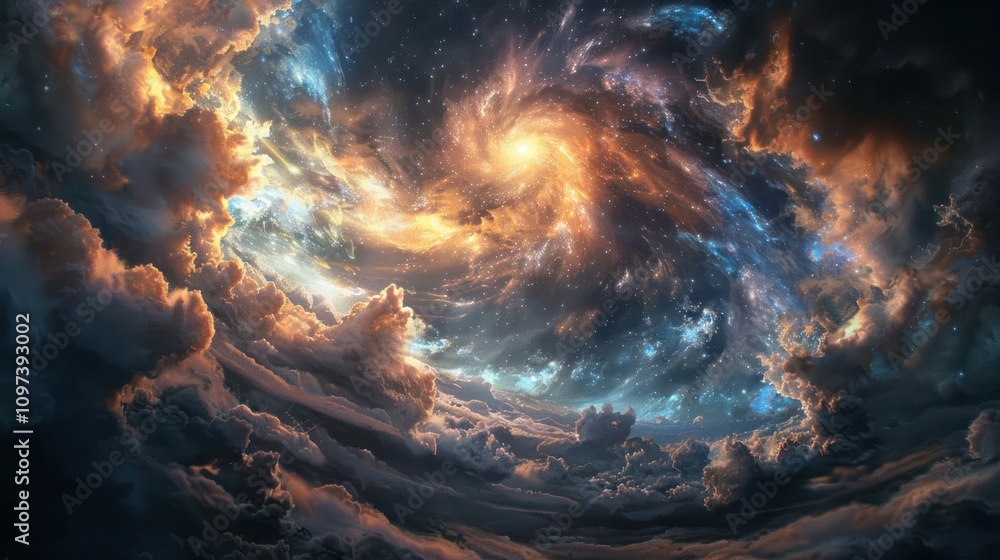 A vibrant cosmic swirl of colors depicting a galaxy with swirling clouds and stars. A vibrant cosmic swirl of colors depicting a galaxy with swirling clouds and stars.