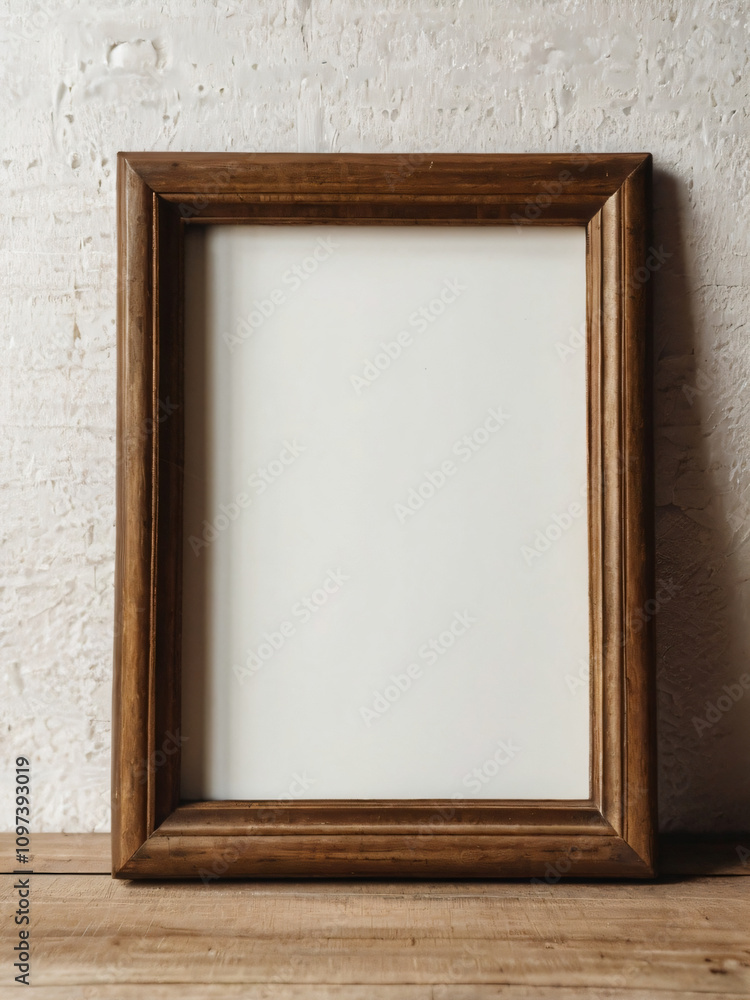 Fototapeta premium A blank wooden frame with flowers and green plants on the side.