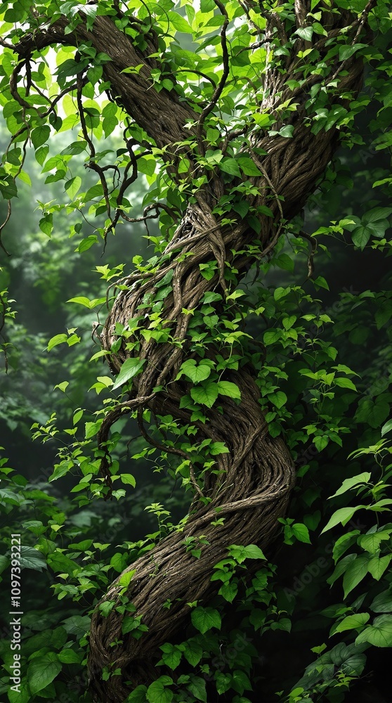 Close-up of a thick stem with lush green leaves and vines in a dense garden setting , nature, leaves, garden, vines Close-up of a thick stem with lush green leaves and vines in a dense garden setting , nature, leaves, garden, vines