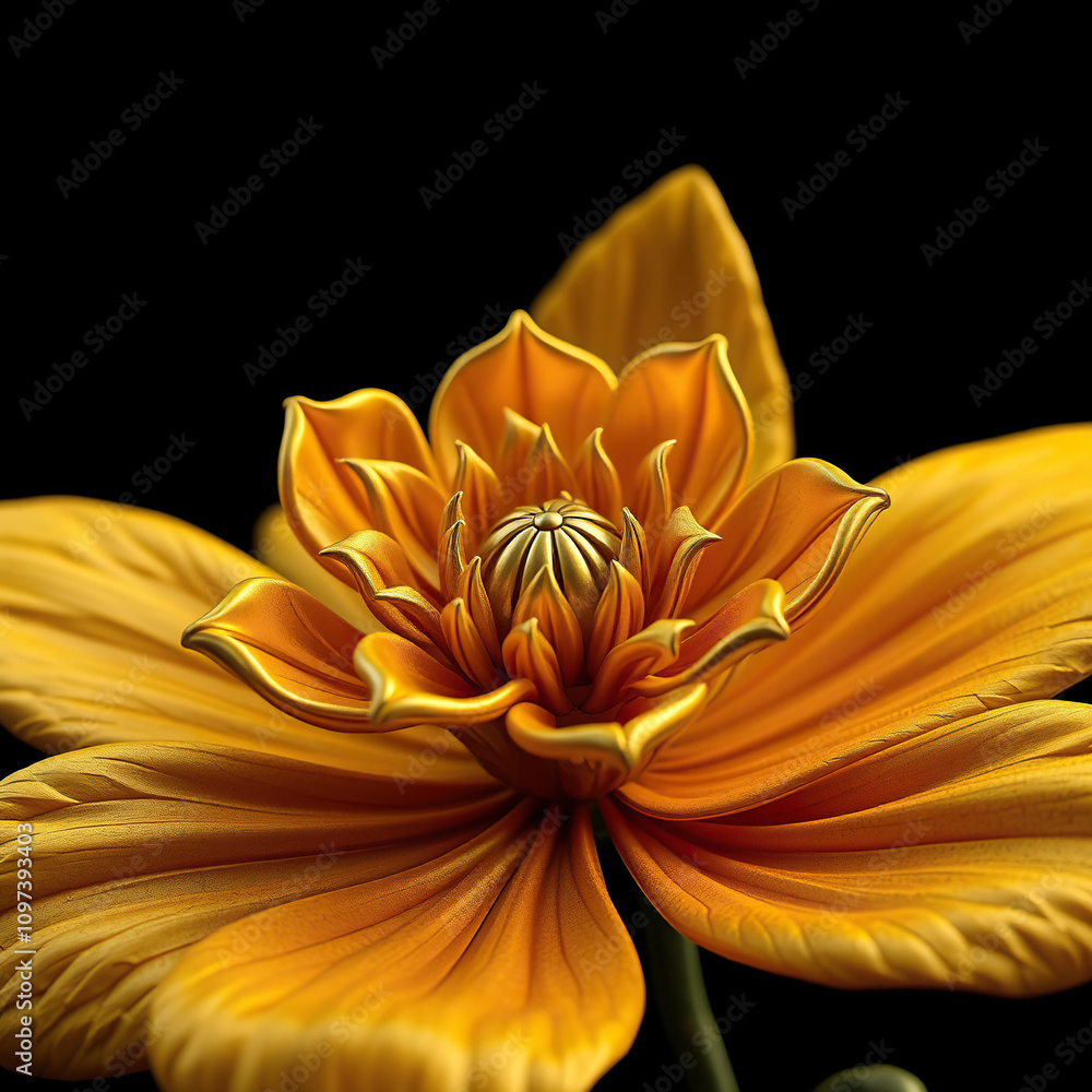 Obraz premium Close-up of a yellow metal flower on black background, decorative, minimalistic, black