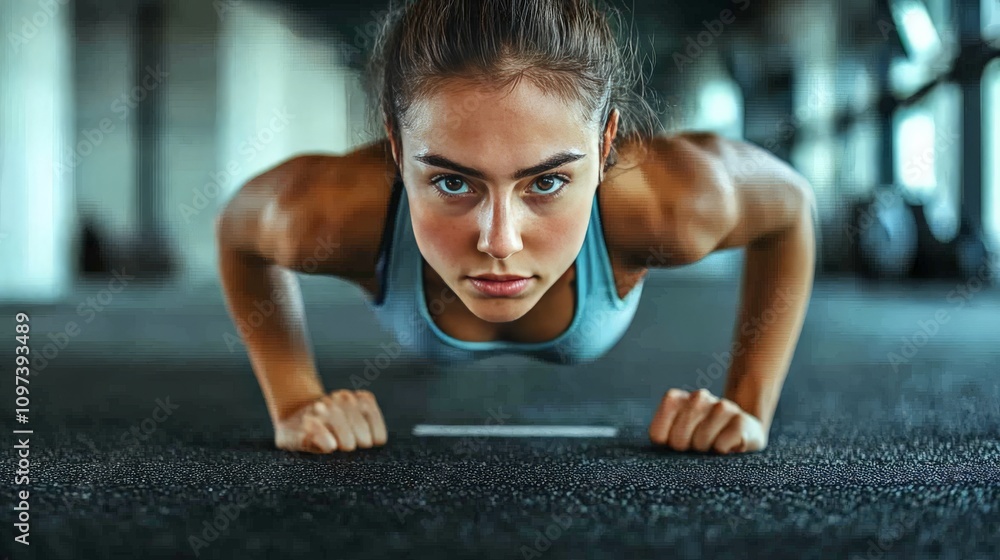 Fototapeta premium Fit female performing push ups in a gym environment showcasing arm strength endurance and focus under soft lighting emphasizing a strong and determined workout mindset