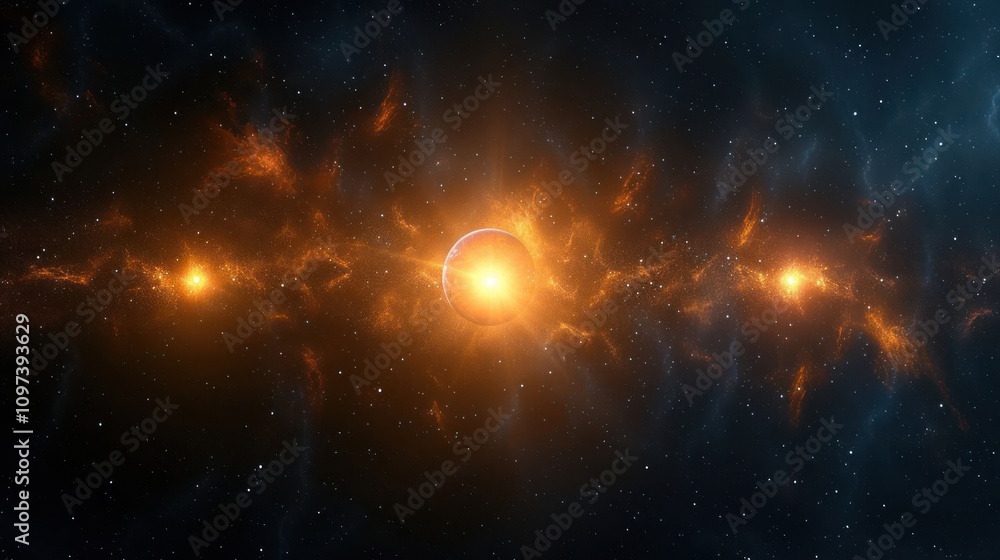 A cosmic scene featuring glowing stars and nebulae in a vast space environment. A cosmic scene featuring glowing stars and nebulae in a vast space environment.