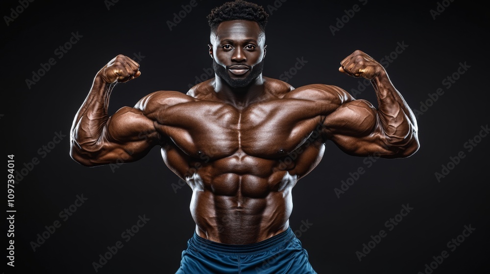 Bodybuilder flexing both arms in a confident pose highlighting defined biceps muscular chest and strength in a gym with a textured blue background Bodybuilder flexing both arms in a confident pose highlighting defined biceps muscular chest and strength in a gym with a textured blue background