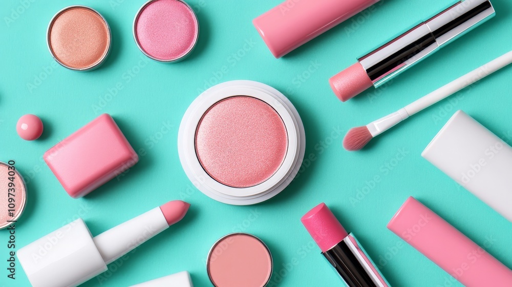 Pink Palette: A collection of pink makeup products - lipsticks, blush, eyeshadow, and brushes, arranged on a teal background. Pink Palette: A collection of pink makeup products - lipsticks, blush, eyeshadow, and brushes, arranged on a teal background.