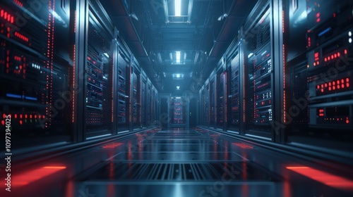 A futuristic data center corridor with illuminated servers and a high-tech ambiance.