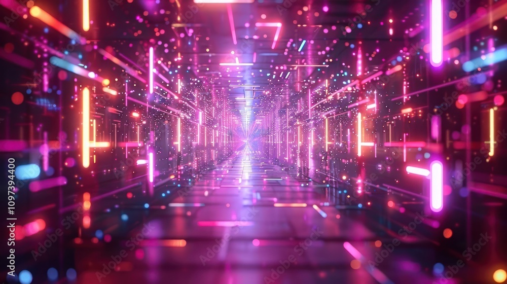 A vibrant, futuristic corridor filled with glowing lights and digital elements. A vibrant, futuristic corridor filled with glowing lights and digital elements.