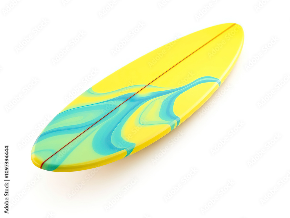 Close-up of vibrant yellow and blue surfboard on white background, lifestyle, outdoors Close-up of vibrant yellow and blue surfboard on white background, lifestyle, outdoors