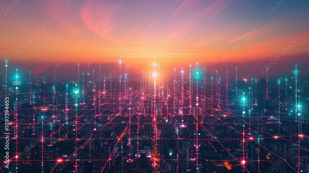 A futuristic cityscape at sunset, overlaid with a digital grid and glowing points of light. A futuristic cityscape at sunset, overlaid with a digital grid and glowing points of light.
