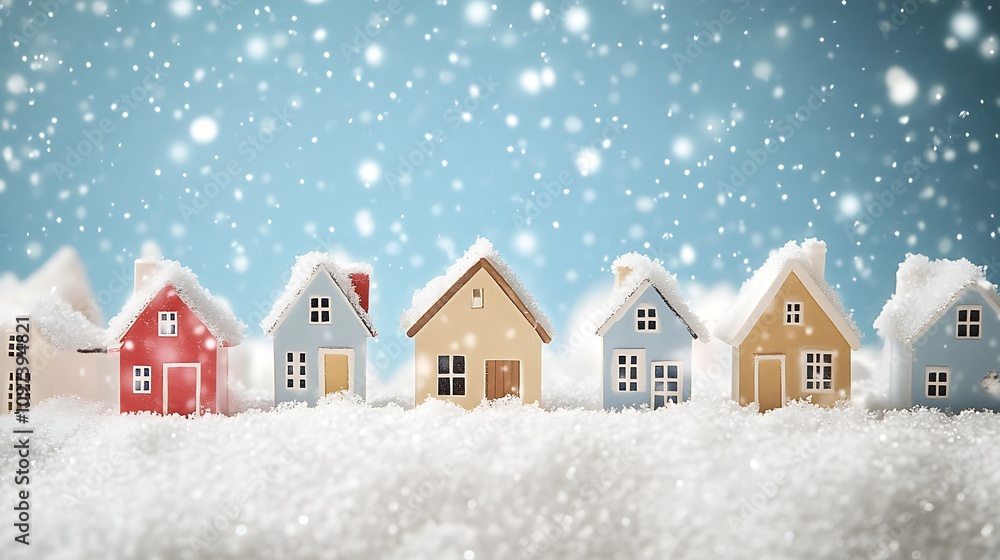 Fototapeta premium Tiny houses in a snow-filled winter wonderland, creating a cozy and peaceful scene with snow gently falling from the sky