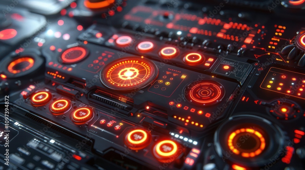 A futuristic control panel with glowing orange and red lights, suggesting advanced technology. A futuristic control panel with glowing orange and red lights, suggesting advanced technology.