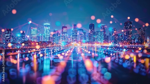 A vibrant city skyline at night with abstract light effects and digital elements.
