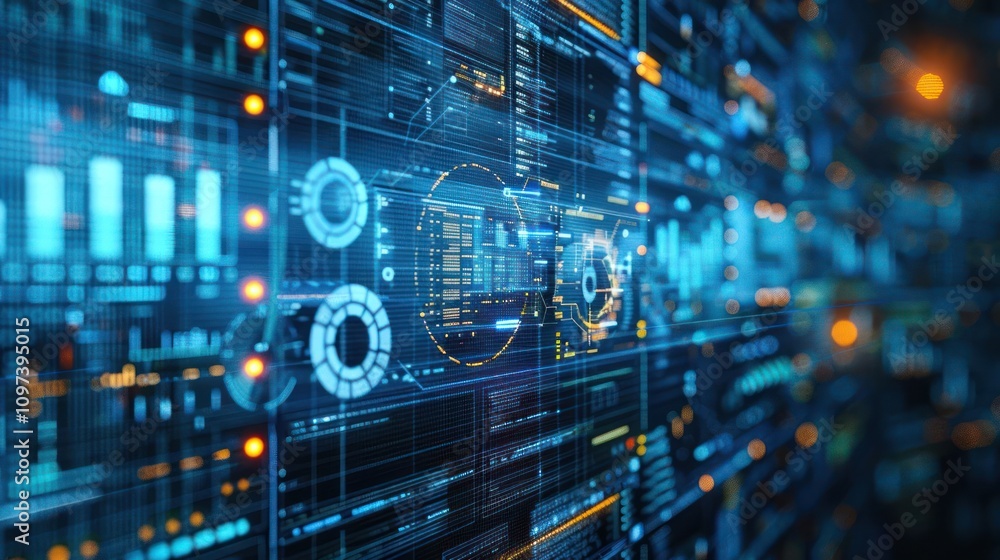 Obraz premium A digital interface displaying data visualization and analytics in a futuristic design.