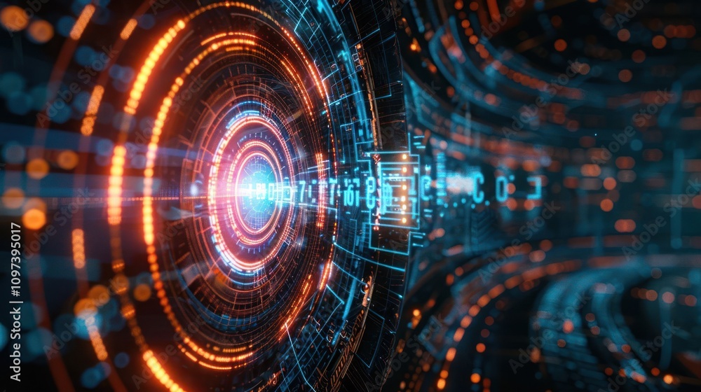 A futuristic digital tunnel with glowing lines and data streams. A futuristic digital tunnel with glowing lines and data streams.