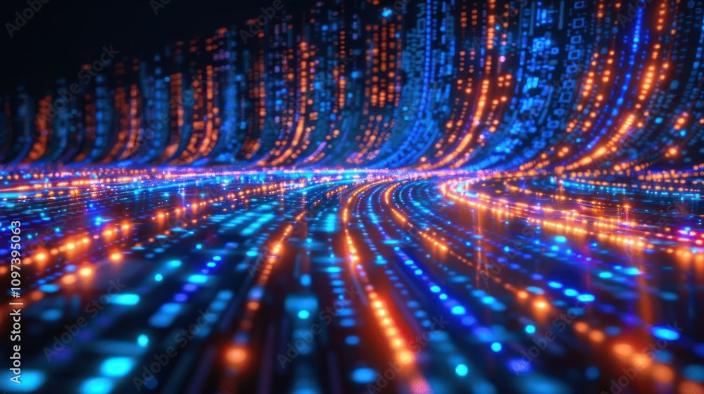 Abstract digital landscape with vibrant blue and orange data streams. Abstract digital landscape with vibrant blue and orange data streams.