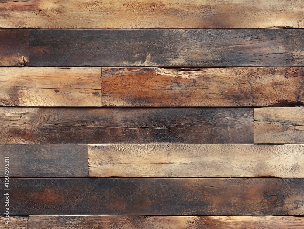 Naklejka premium Aged wood texture with a rough surface and deep grain lines in various shades of brown and black, showcasing natural imperfections and rustic characteristics.