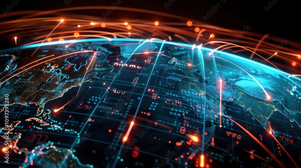 A digital representation of Earth with data connections and network lines. A digital representation of Earth with data connections and network lines.